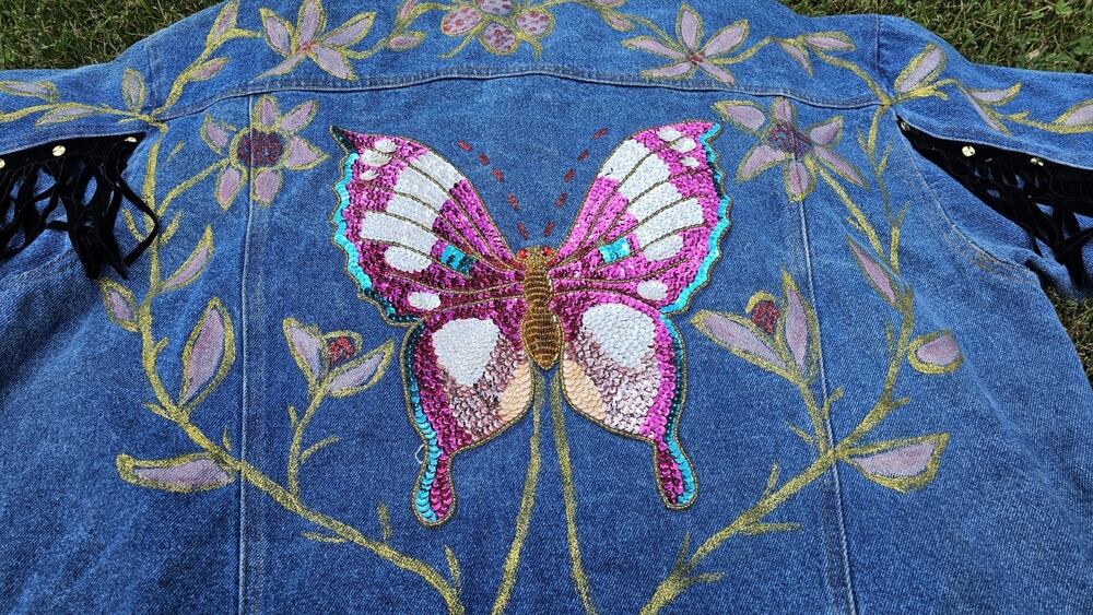 Vintage 90s Blue Creek Denim Patchwork Leather Jacket Fringe Sequin Butterfly XL
